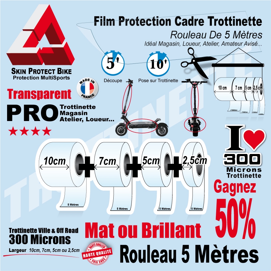 Rouleau Film Protection cadre VTT 300 Microns 10cm en rouleau PRO Mat ou  Brillant